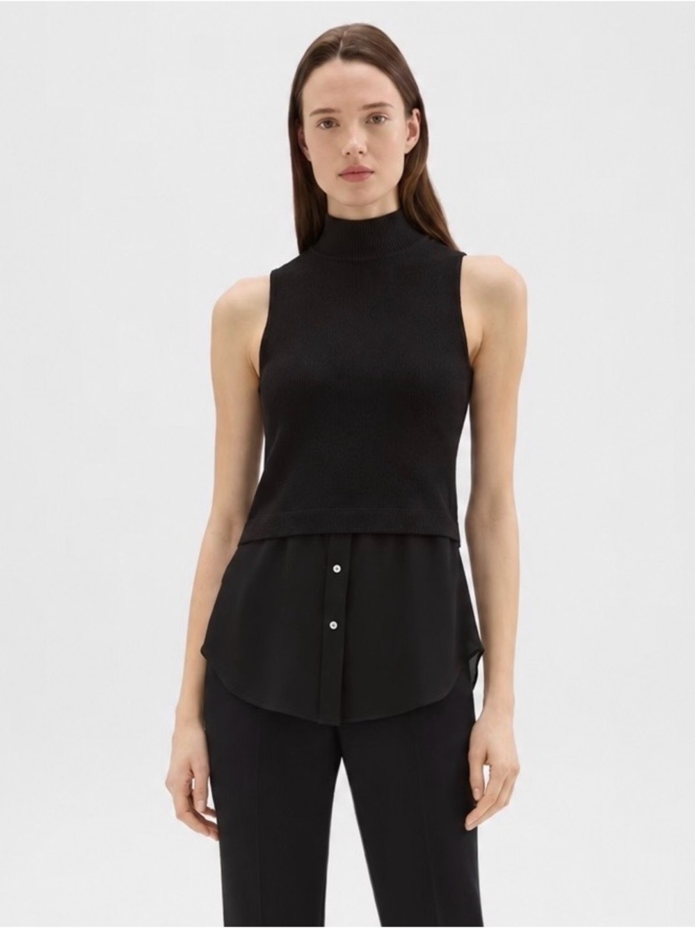 Theory Sleeveless Combo Tunic Sweater Top Black Wool Silk Size S